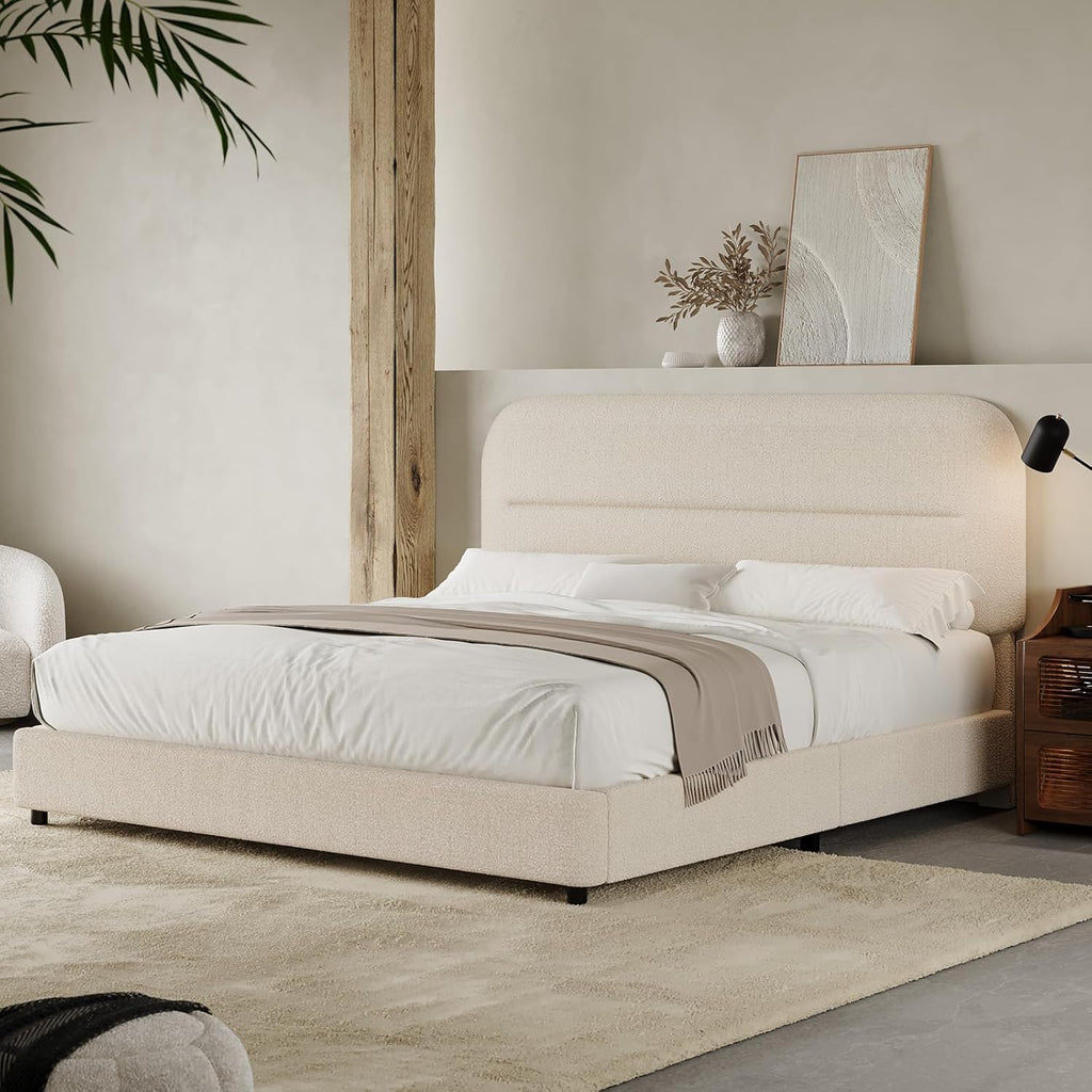 HOMBCK Full Size Boucle Bed Frame, Upholstered Bed Frame Full with Headboard, Soft BedFrame with Thickened Footboard, Soft Rounded Corners, No Box Spring Required, Easy Assembly, Cream