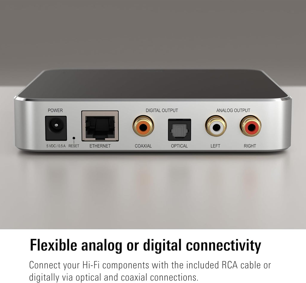 Eve Play – Audio Streaming Interface for AirPlay, Upgrade to AirPlay audio streaming, Latency compensation, digital-to-analog converter, Three audio outputs, Apple Home, Ethernet, 2.4/5 GHz Wi-Fi