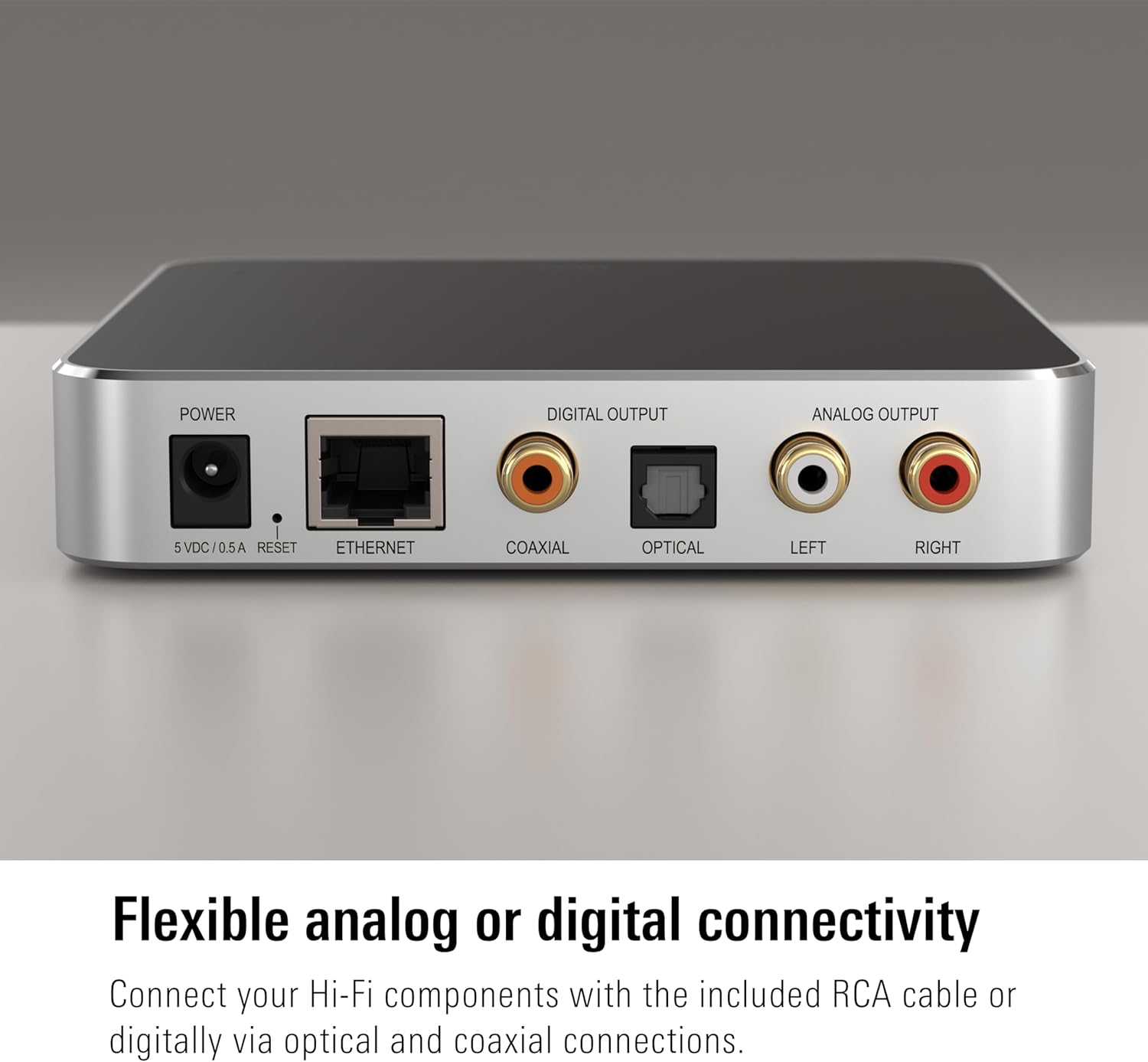 Eve Play – Audio Streaming Interface for AirPlay, Upgrade to AirPlay audio streaming, Latency compensation, digital-to-analog converter, Three audio outputs, Apple Home, Ethernet, 2.4/5 GHz Wi-Fi