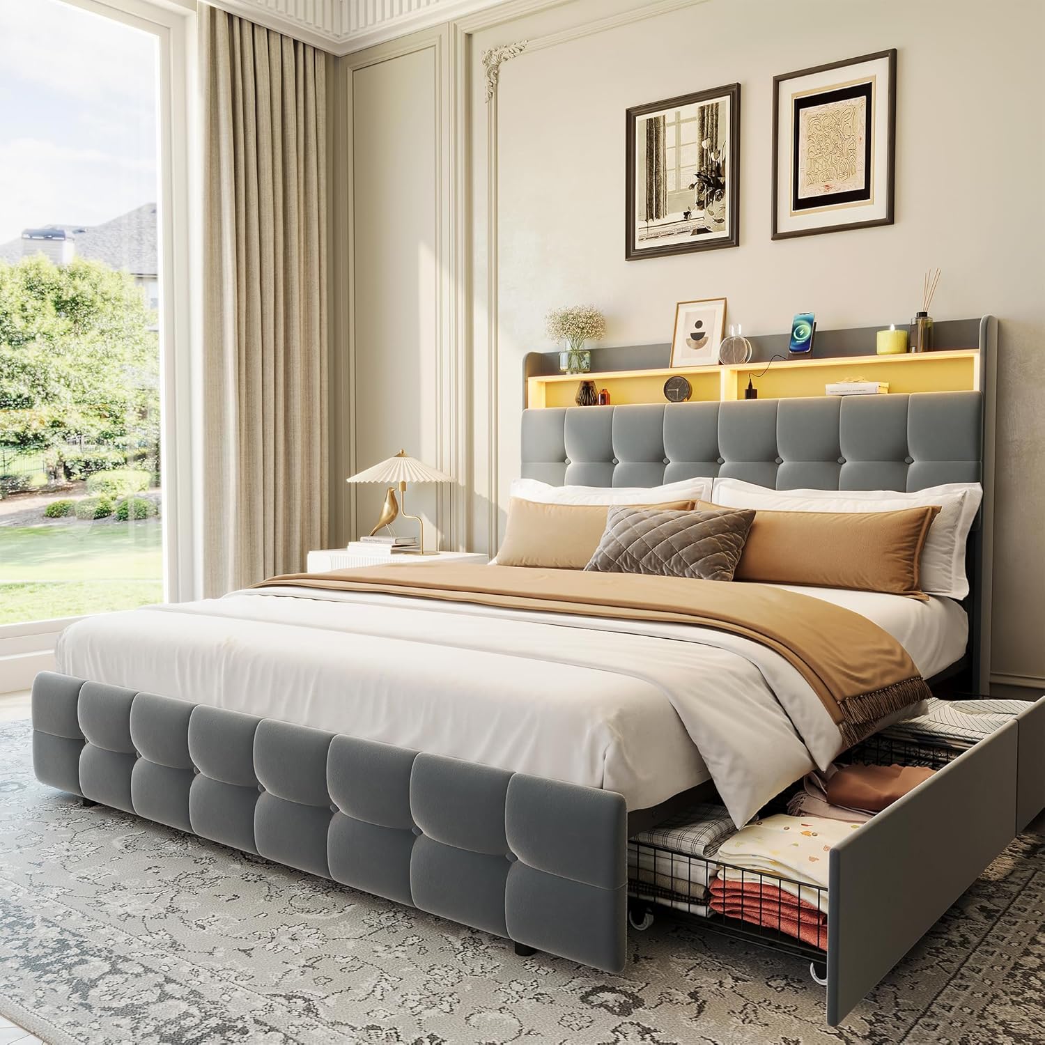 IDEALHOUSE Queen Size Upholstered Bed Frame Fabric with Storage Drawers and LED Lights, Headboard and Frame for Cozy Bedroom Sets Upgrades