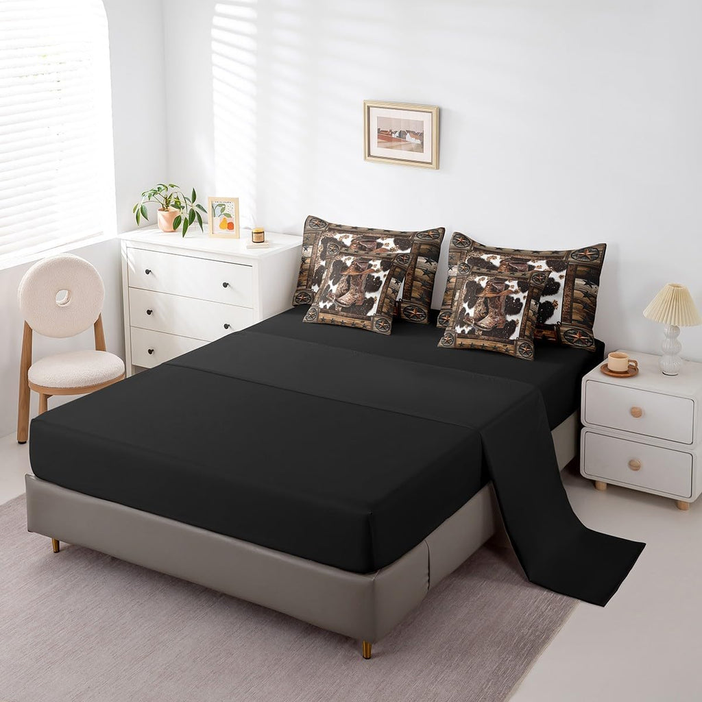 Feelyou Brown Western Aztec 7 Pieces Bedding Set King Size Cowboy Boots Hat Comforter Set with Sheets for Kids Boys Girls Decor West Texas Star Cow Fur Printed Rustic Bed in a Bag Soft Bedroom Decor