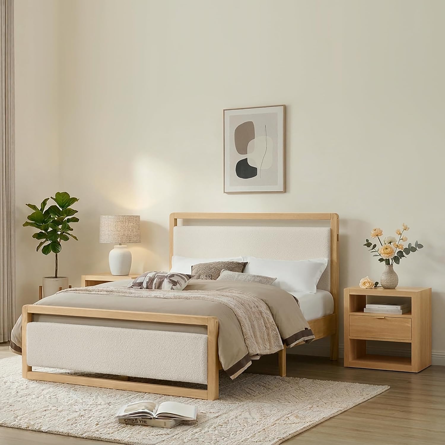 KISLOT 3 Pieces Bedroom Set, Wood Bed Frame with Upholstered Headboard & 2 Nightstands with Storage, Wooden Platform Mattress Foundation Farmhouse Bedroom Furniture Set