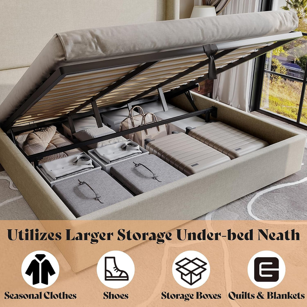 AMERLIFE Lift Up Storage Bed King Size Linen Upholstered Platform Bed Frame, Hydraulic Storage,Modern Wingback Headboard, No Box Spring Needed, Khaki