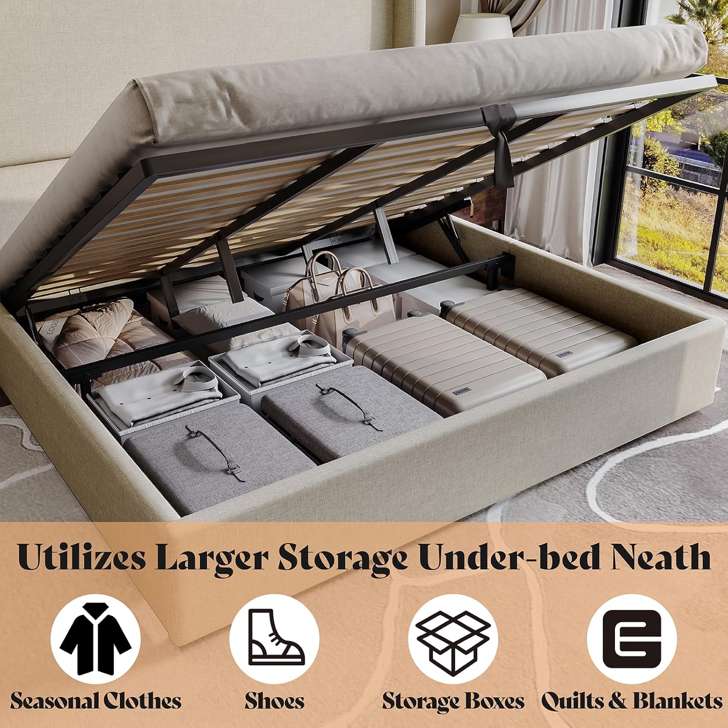 AMERLIFE Lift Up Storage Bed King Size Linen Upholstered Platform Bed Frame, Hydraulic Storage,Modern Wingback Headboard, No Box Spring Needed, Khaki