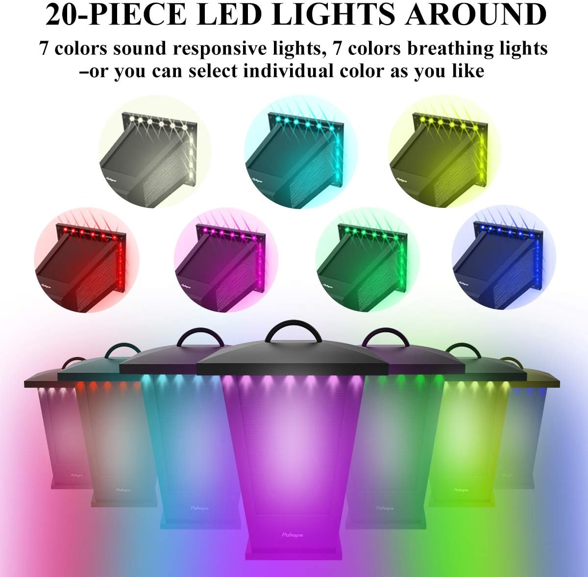 pohopa Bluetooth Speakers Waterproof, 2 Packs True Wireless Stereo Sound 20W Dual Pairing Lantern Outdoor Speakers with 20 Piece Sound Responsive LED Color Lights, Richer Bass, Black