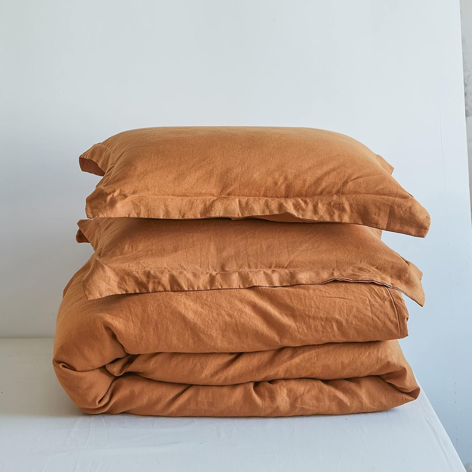Simple&Opulence 100% Linen Duvet Cover Set 2pcs Natural French Basic Style Washed Flax Solid Color Breathable Soft Farmhouse Bedding with Button Closure (Rust, Twin)
