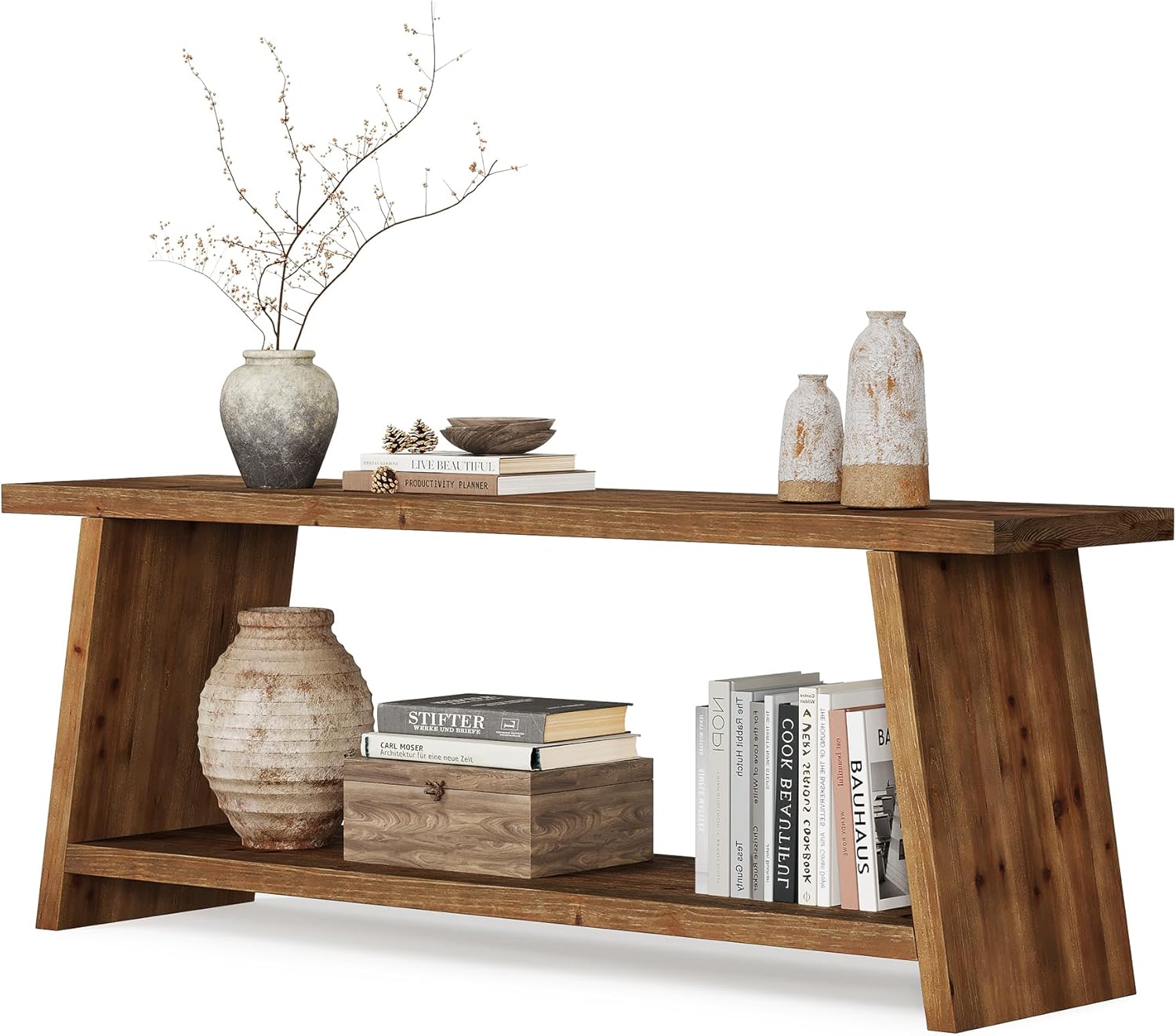 LITTLE TREE Solid Wood TV Stand, Farmhouse Media Console for 55/60/65 inch TV, 2-Tier Mid-Century Modern TV Stand with Storage, for Living Room, Entertainment Center (Walnut, 63-Inch)