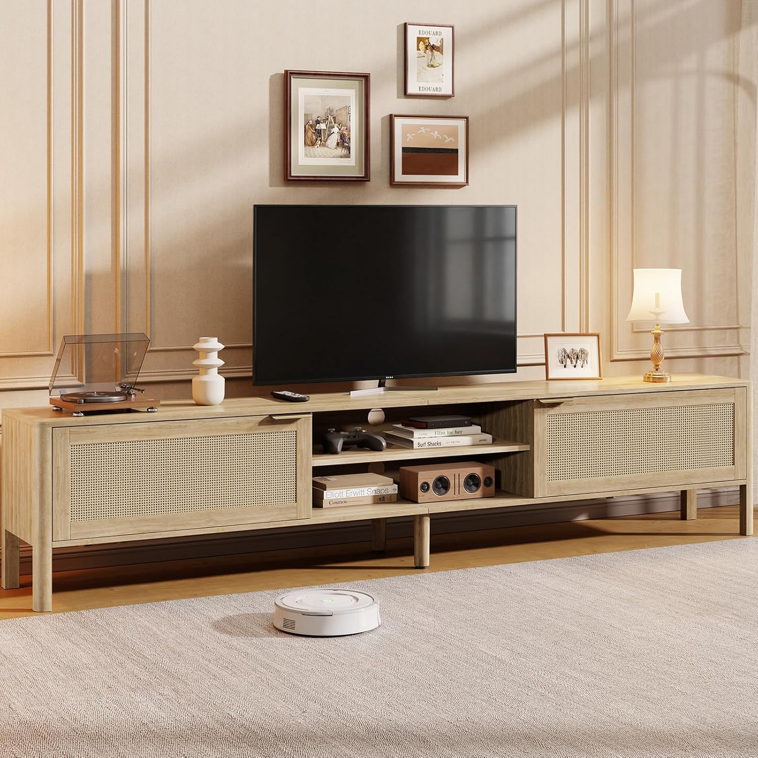 IKALIFE Rattan TV Stand for Living Room - Fits up to 80 Inch TVs, Rattan Media Console Table with Adjustable Shelves & 2 Storage Cabinets, Mid-Century Modern Entertainment Center, Oak 71"