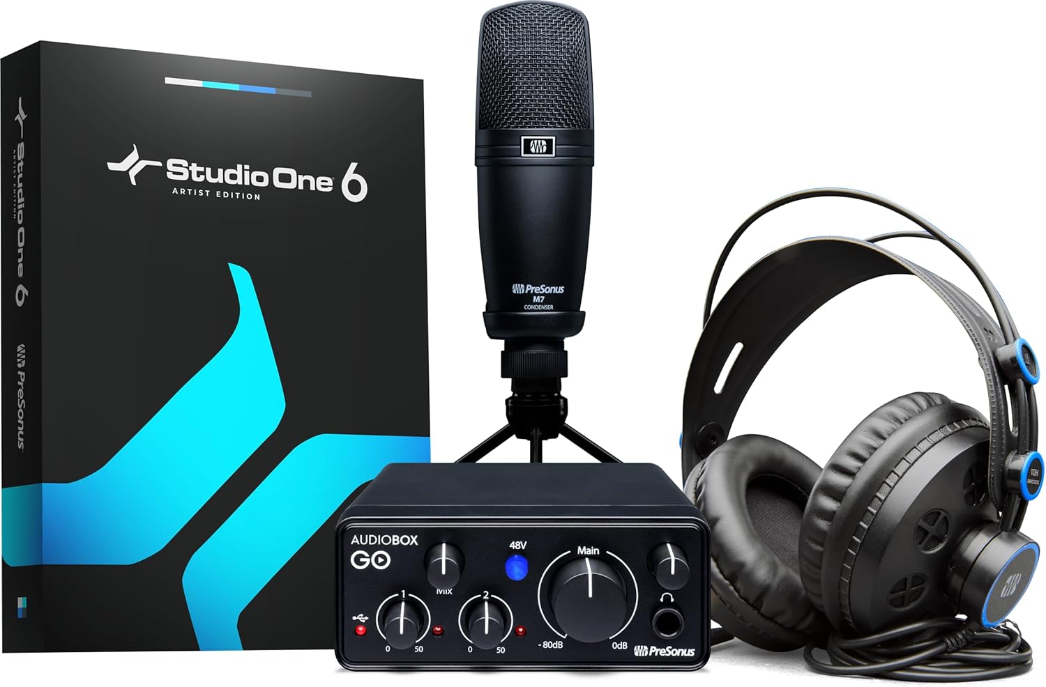 PreSonus AudioBox Go Creator Complete Studio Recording Bundle with USB Audio 96K Interface, Condenser Microphone, Professional Monitoring Headphones, and Studio One Pro DAW Software