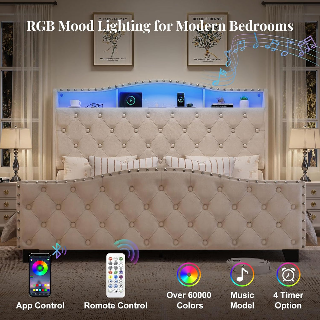Belffin Queen Size Bed Frame and Headboard, 50.9" Velvet Upholstered Wingback Bedframe with LED Lights & Storage/Charging Station, Button Tufted Tall Footboard, No Box Spring Needed, Noise-Free, Beige