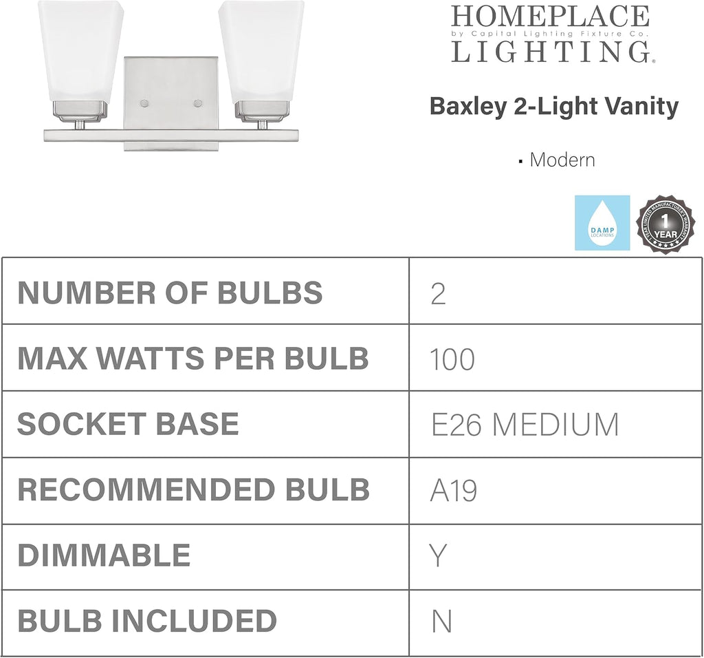 HomePlace by Capital Lighting 114421BN-334 Baxley Modern Soft White Glass Bathroom Vanity Wall Light, 2-Light 200 Total Watts, 7" H x 13" W, Brushed Nickel