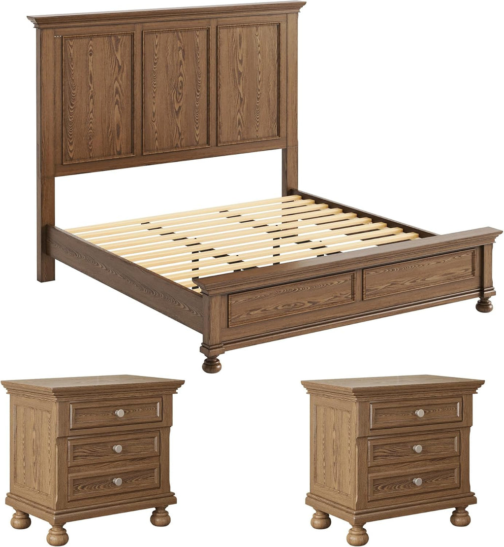 AMERLIFE Solid Wood 3 Piece Bedroom Set Including 65.2" High King Bed Frame, Fully Assembled Nightstands Set of 2 with 2 Storage Drawers for Bedroom, Light Brown