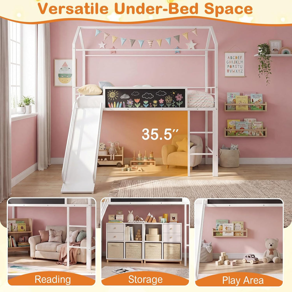 Giantex Twin Size House Loft Bed, Low Loft Bedframe w/Roof, Slide, Ladder, Chalkboard & Sturdy Metal Slats for Bedroom Dorm, Kids House Bed for Boys Girls, No Box Spring Needed (White)