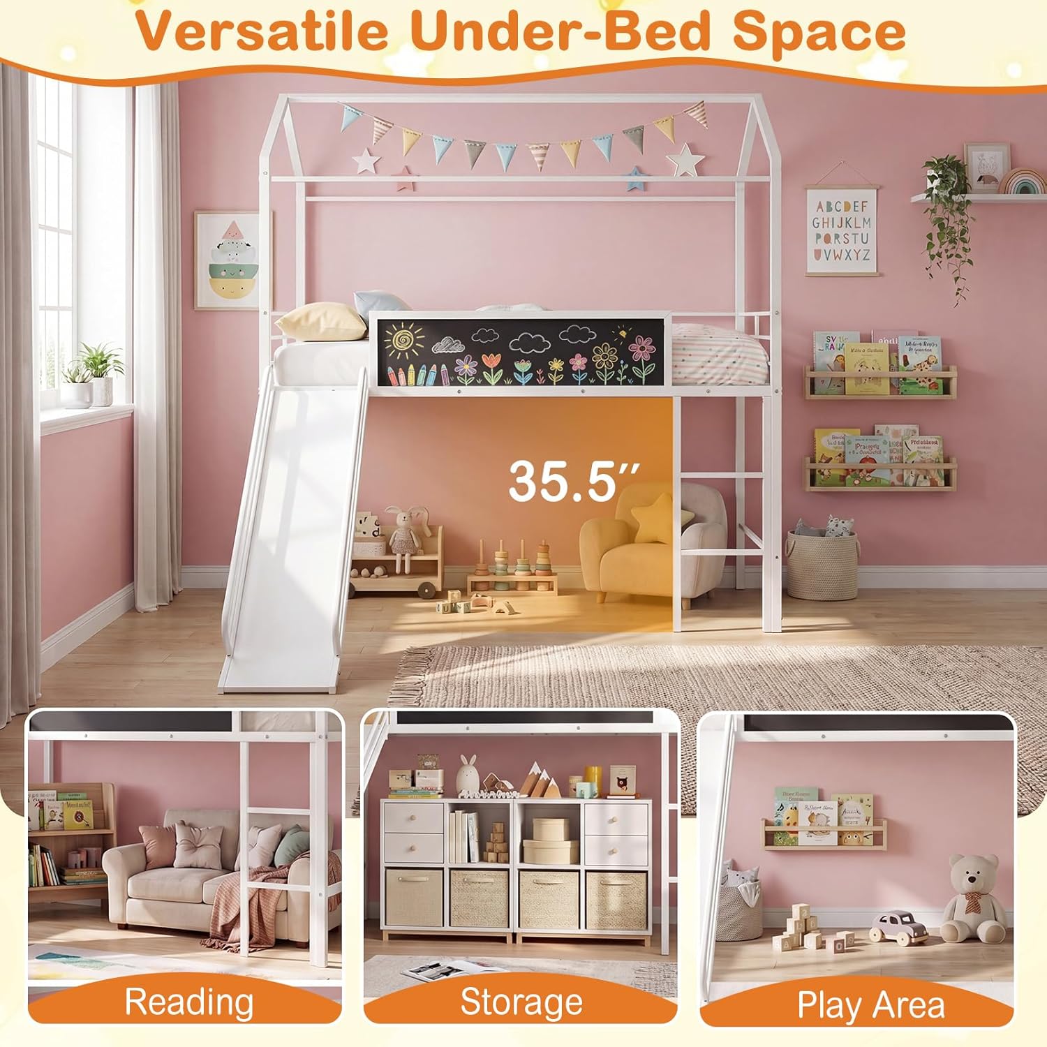 Giantex Twin Size House Loft Bed, Low Loft Bedframe w/Roof, Slide, Ladder, Chalkboard & Sturdy Metal Slats for Bedroom Dorm, Kids House Bed for Boys Girls, No Box Spring Needed (White)