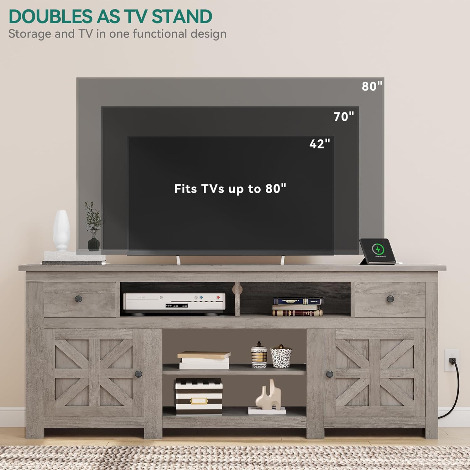 YITAHOME TV Stand for 75/80 Inch TV, Farmhouse Entertainment Center with Storage, 70 Inch TV Cabinet with Drawers and Power Outlet, TV Console for Living Room (Grey Oak)