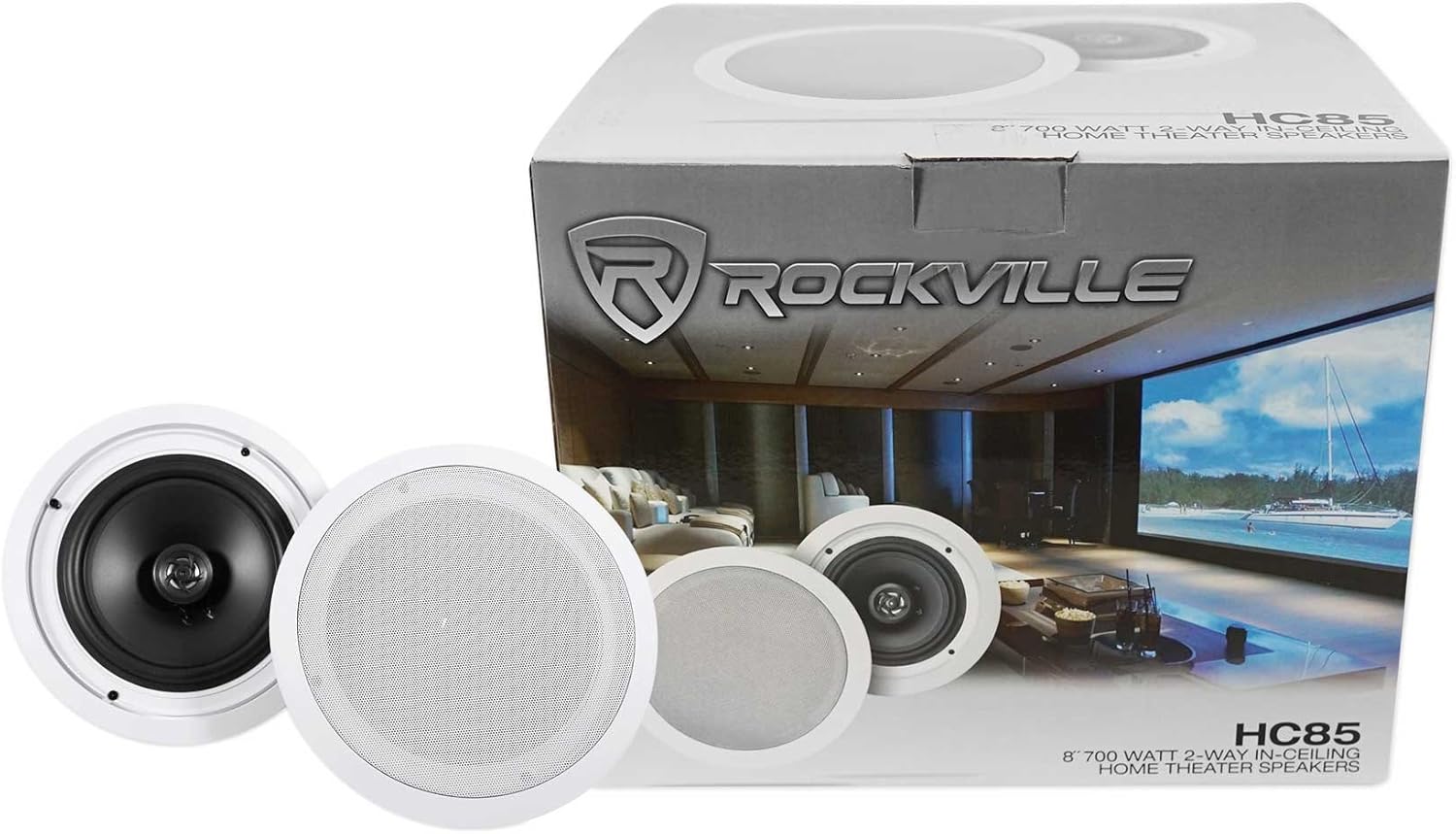 Rockville HC85 700W 8" in-Ceiling Home Theater Speakers 8 Ohm, Paintable Grills, Swivel Tweeter, Deep Bass, for Home Theater and Whole-House Audio, 6-Piece