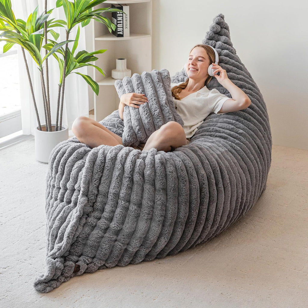 MAXYOYO Giant Bean Bag Chair with Pillow, 3 in 1 Convertible Bean Bag Chair for Adults with Washable Cover, Floor Cushion Stuffed Floor Lounger for Living Room Bedroom, Grey, Full
