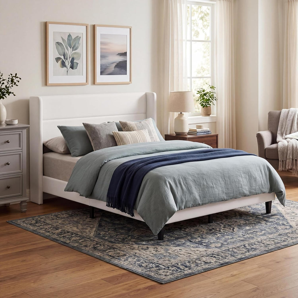 GAOMON King Size Bed Frame, Velvet Upholstered Platform Bedframe with Wingback Headboard, No Box Spring Needed, Wood Slats, Easy Assembly, White