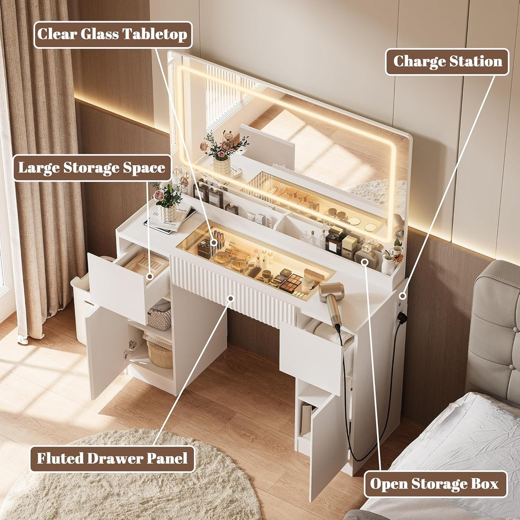 INNOD 44" Vanity Desk with Large Mirror and Lights, Modern Glass Top Makeup Vanity Set with Power Outlet, 3 Drawers and 2 Cabinet, 3 Lighting Color Adjustable Dressing Table for Bedroom,Pure White