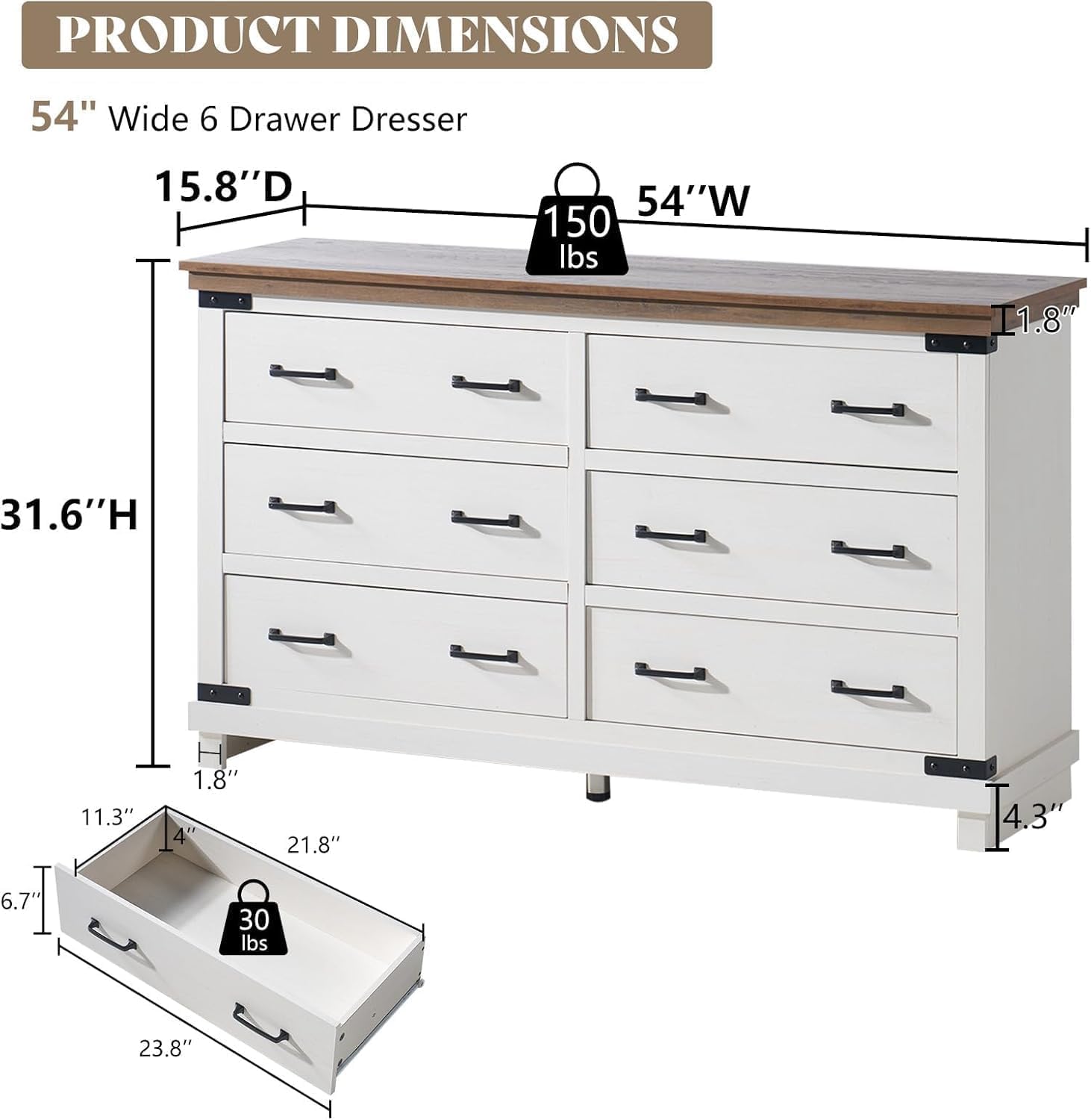 AMERLIFE Farmhouse 2-Pieces Wood Bedroom Set, Including Rustic King Size Bed Frame with 51" Tall Headboard, 6 Drawers Large Dresser Chests, Heavy-Duty Thick Plank Styling, Antique White