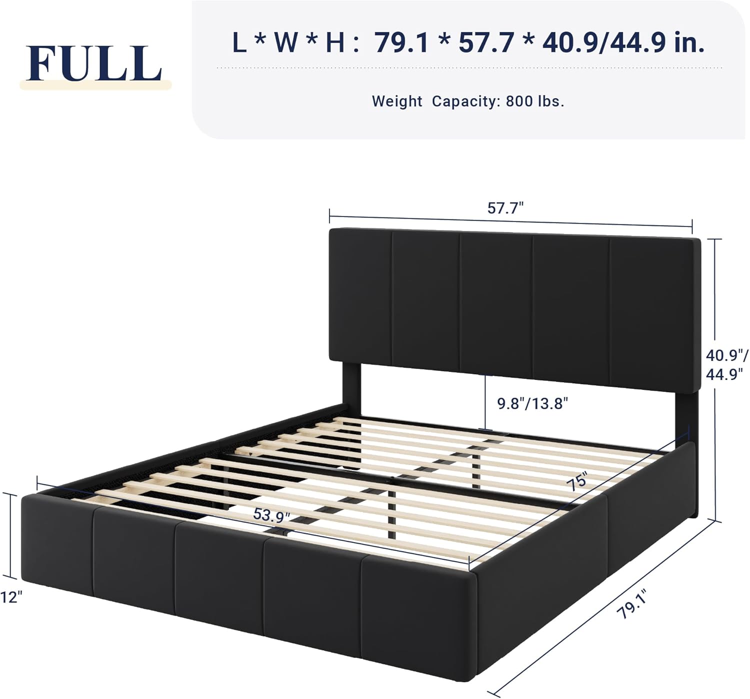 Allewie Full Size Dutch Velvet Upholstered Platform Bed Frame/Vertical Channel Tufted Adjustable Headboard/Low Profile Bed Frame/No Box Spring Needed/Easy Assembly/Black