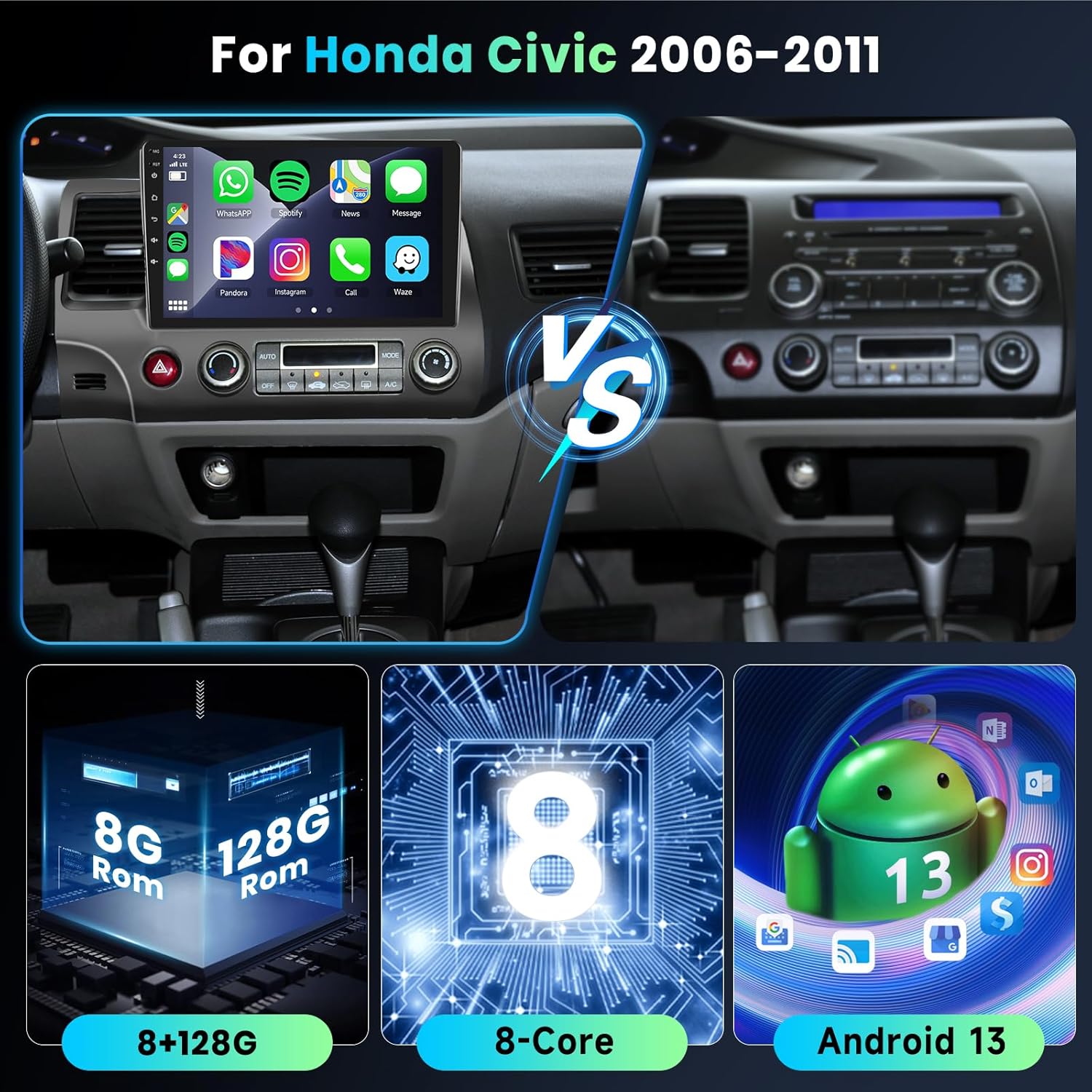 Podofo 8 Core 8+128G Android Car Radio Stereo for Honda Civic 2006-2011 with Wireless Carplay Android Auto, 10.1" QLED Touch Screen, WiFi/4G, GPS, DSP/Hi-Res, AM/FM, Bluetooth 5.0, Backup Camera