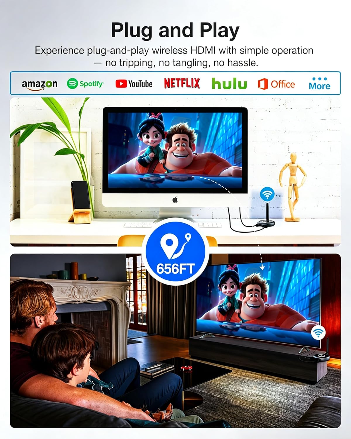 Wireless HDMI Transmitter and 3 Receivers, 656FT/200M Range, 4K Decode 1080P@60Hz, Plug & Play for Multi-Room TV, Ultra-Low Lag, Support 8 RX, 5.8G/2.4G Extender for PC/Laptop/TV Box/Projector