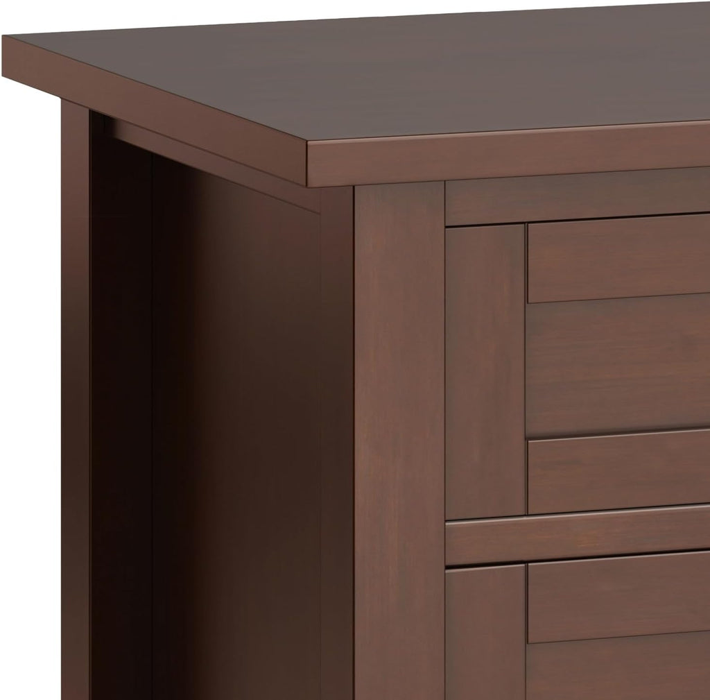 SIMPLIHOME Warm Shaker Bedside Table - 24 inch Wide Solid Wood Nightstand in Russet Brown, Transitional Bedroom Side or End Table with 2 Drawers, Open Shelf Storage and Brushed Nickel Hardware