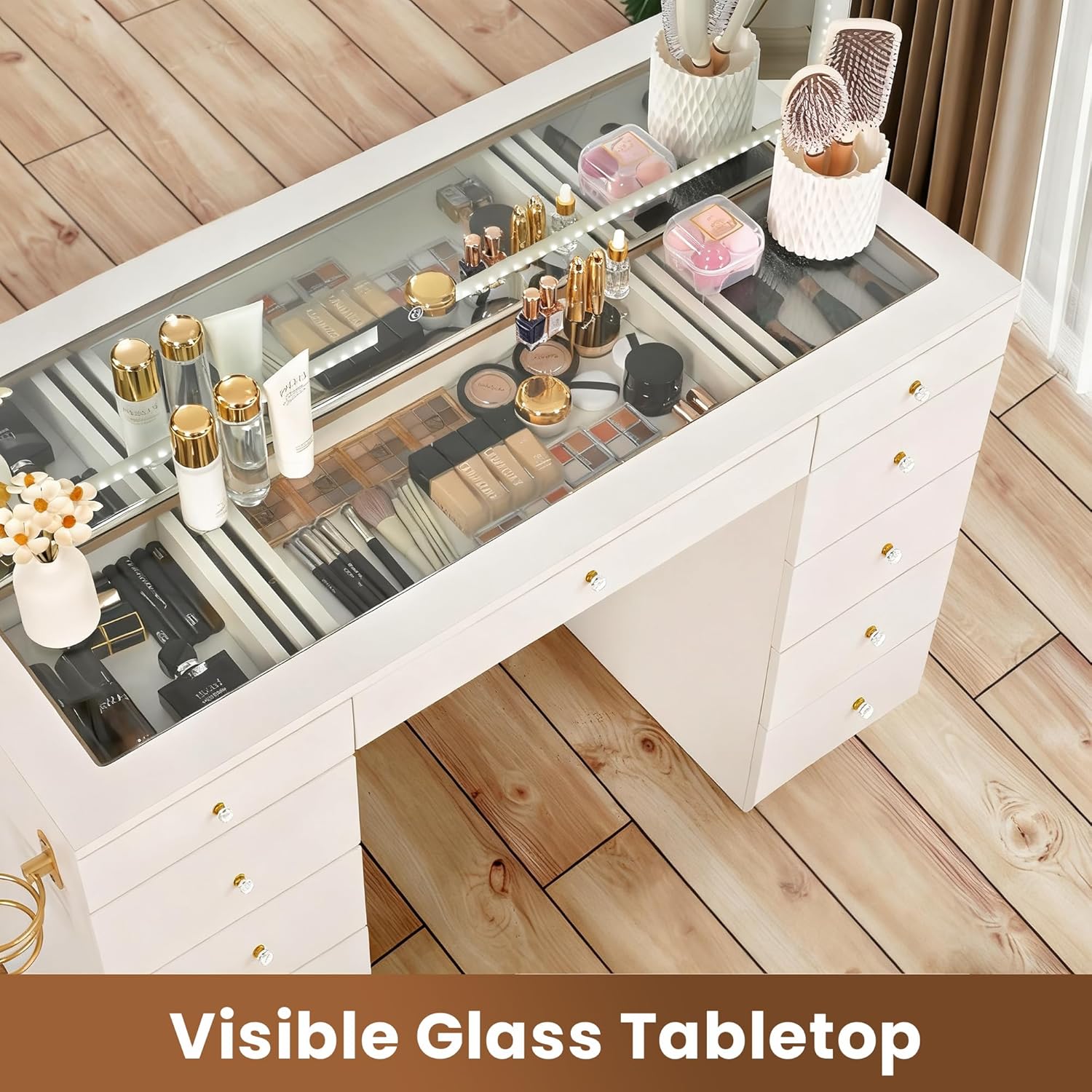 Pamapic Glass Top Vanity Desk with Crystal Handles and 11 Drawers, Makeup Vanity with Mirror and Lights, 3 Lighting Modes Dressing Table, Power Outlet, Silent Slides, White