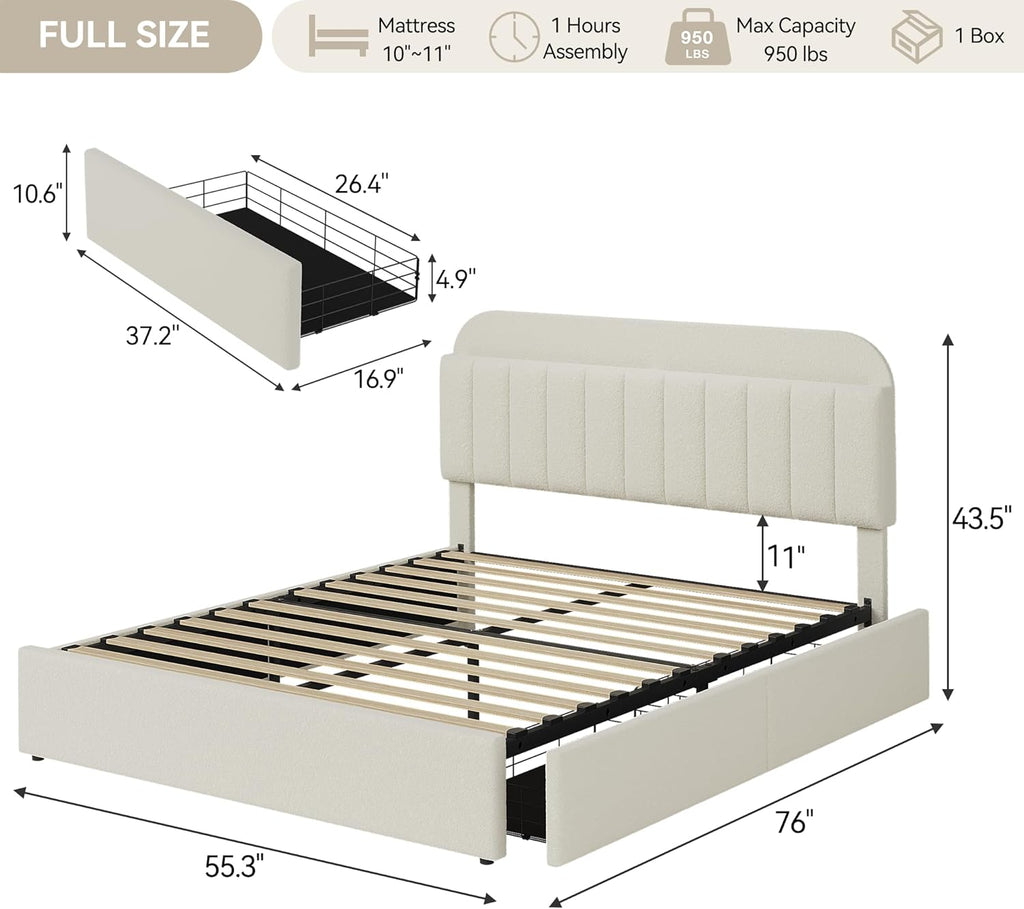 Garvee Full Size Bed Frame with 2 Flexible Drawers, Boucle Upholstered Platform Bed Frame with Bookcase Headboard, Bedframe for Kids/Girls, Easy Assembly, No Box Spring Needed, Noise Free, Beige