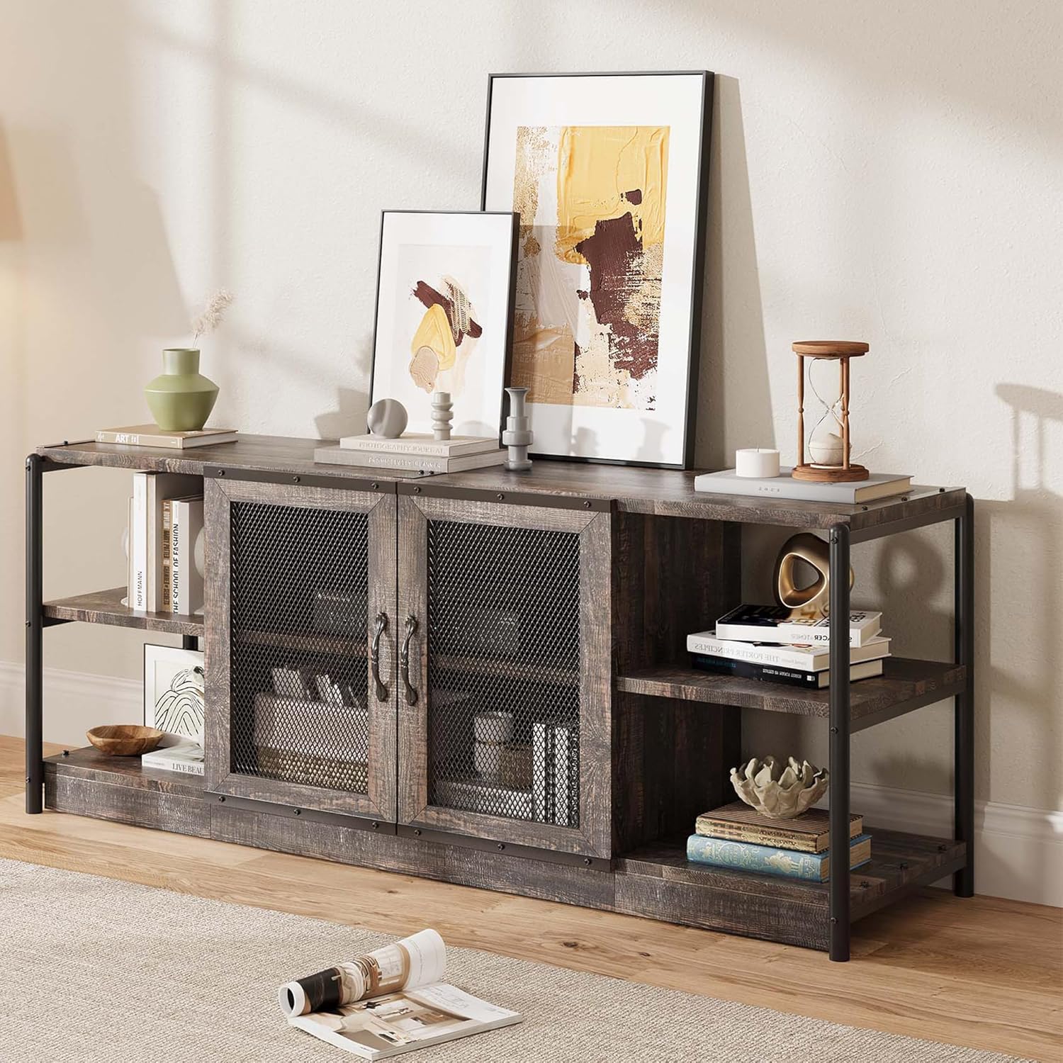 IDEALHOUSE Farmhouse TV Stand for 65/75 inches TVs, Entertainment Center with Storage Cabinet, Industrial Media Console Cabinet Table, Living Room Media Furniture, Rustic Oak