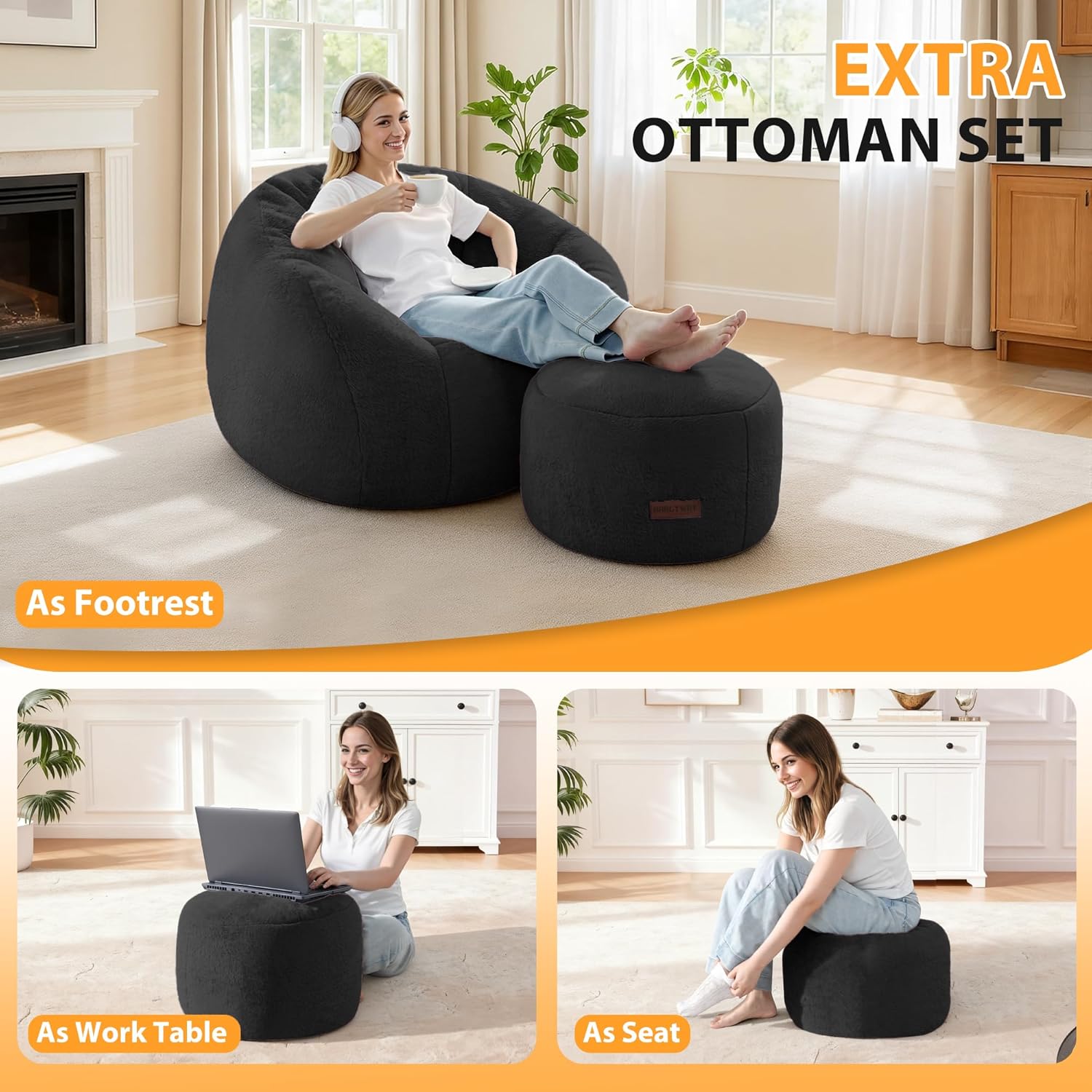 HABUTWAY Bean Bag Chair, Oversized Shell-Shaped Bean Bag Couch with Ottoman, Giant Beanbag Chair for Adults and Kids, Comfy Bean Bag Sofa & Footstool, Large Floor Sofa for Living Room Bedroom, Black