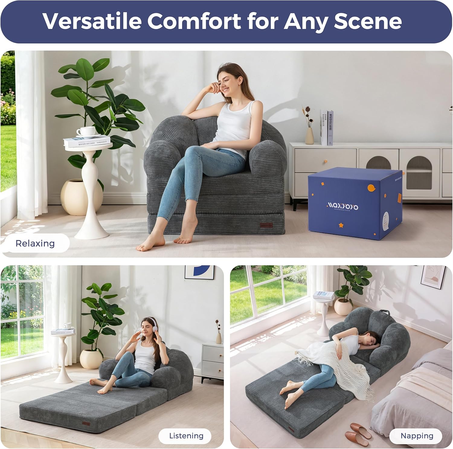 MAXYOYO Folding Sofa Bed, Floral-Shaped Convertible Floor Sofa Couch with Backrest, 2 in 1 Comfy Lounger Bean Bag Chair with Handle, Floor Single Sleeper Couch for Living Room Bedroom, Dark Grey