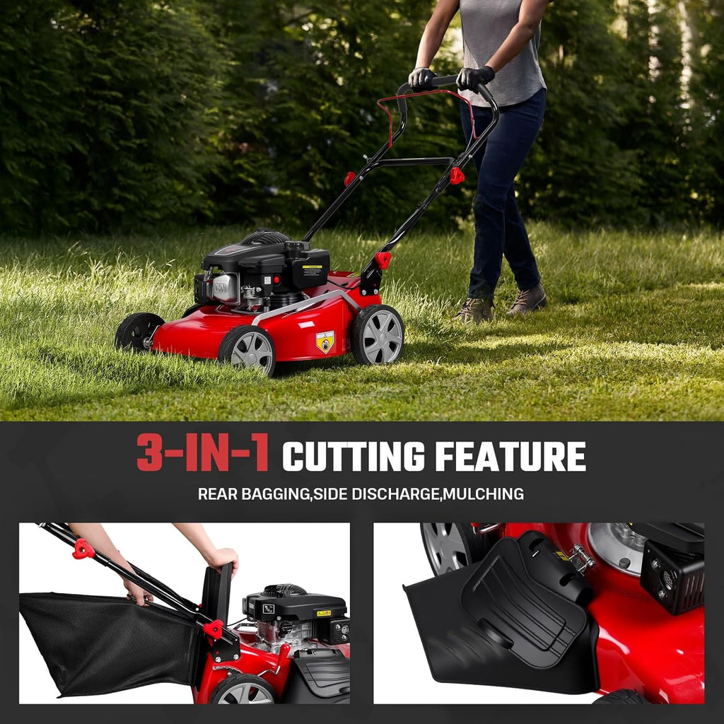 18" Lawn Mowers, 3 in 1 Self-Propelled Cordless Lawn Mower, 131cc Walk-Behind Push Gas Lawn-Mower with 50L Grass Bag, Heavy-Duty Gas Powered Lawnmower for Gardening Care Lawns Maintenance Yard Trimme