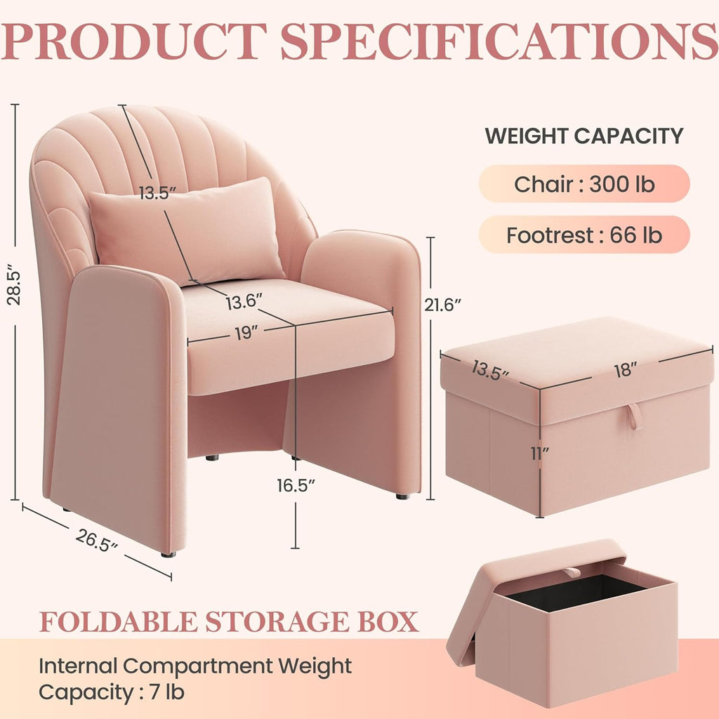 Yaheetech Small Barrel Accent Chair with Footrest Set of 2, Velvet Modern Comfy Cute Elegant Reading Chairs with Lumbar Pillow Storage Box for Living Room Bedroom, Pink Set of 2
