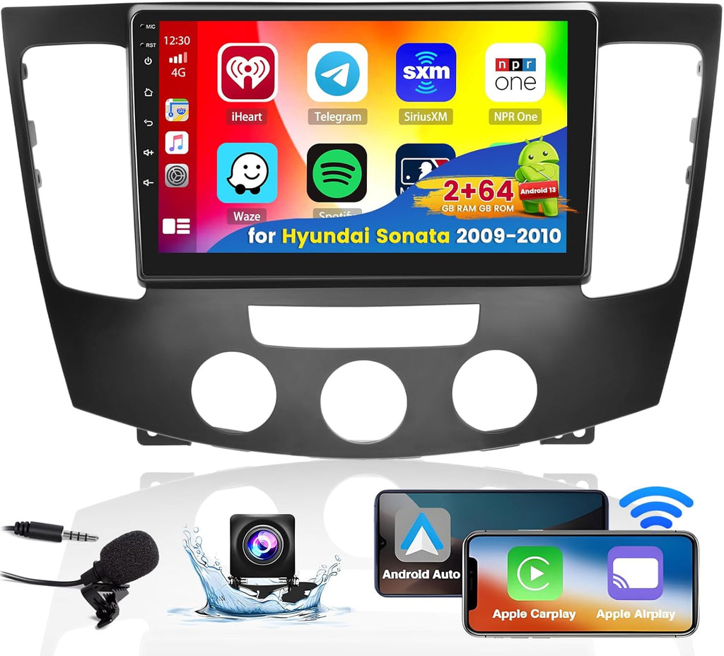 Roinvou 2+64G Android 9" Touch Screen for Hyundai Sonata 2009-2010 (Manual A/C) with Wireless CarPlay Android Auto WiFi Bluetooth GPS Navigation FM RDS Radio Backup Camera
