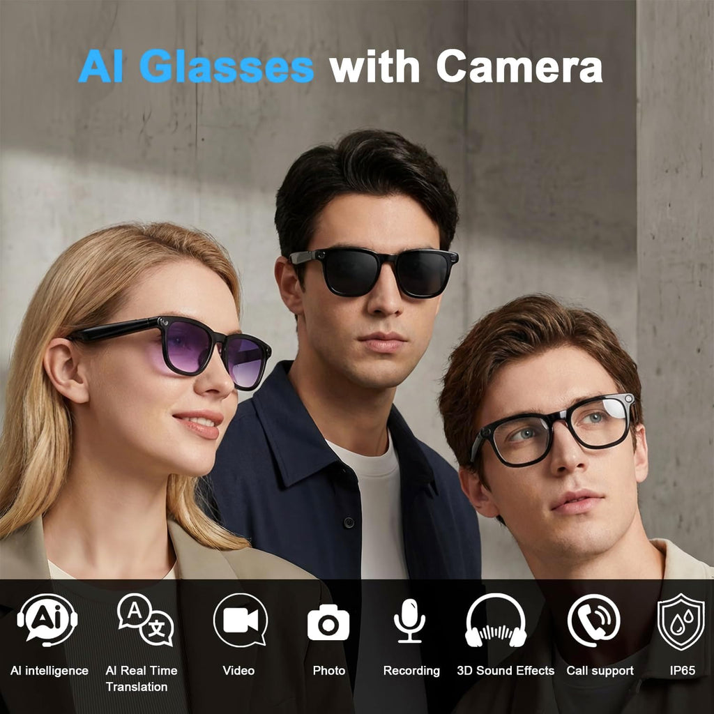 AI Smart Glasses with Camera, 8MP HD Bluetooth Camera Glasses, 1080P Video Recording Sunglasses for Women Men, Real Time Translation, Voice Assistant, Open-Ear Audio for Travel, Work Vlog (3 lenses)