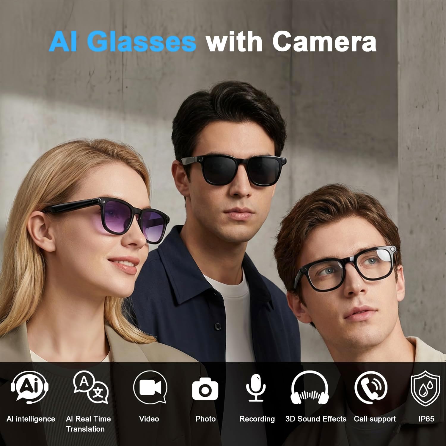 AI Smart Glasses with Camera, 8MP HD Bluetooth Camera Glasses, 1080P Video Recording Sunglasses for Women Men, Real Time Translation, Voice Assistant, Open-Ear Audio for Travel, Work Vlog (3 lenses)