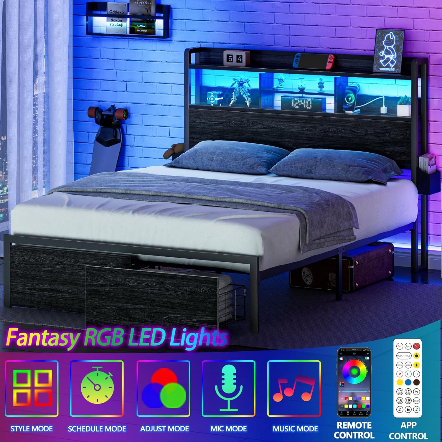 Furnulem Queen Bed Frame with Wood Headboard and Storage Shelf, Metal Platform Bed Frame Queen Size with Storage Drawers, LED Lights and Charging Station, No Box Spring Needed, Noise Free, Black