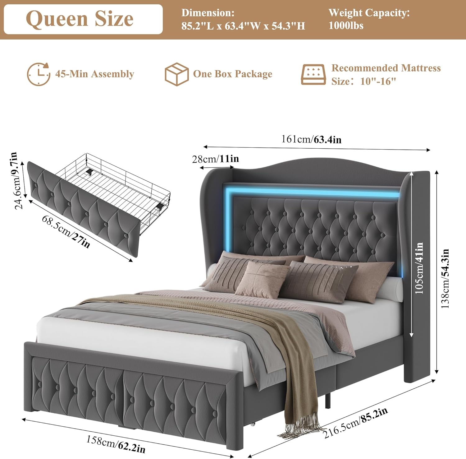 Queen Bed Frame 55" Tall Headboard with LED Lights, Buttons Tufted Velvet Upholstered Platform Bed Frame with 2 Storage Drawers, Wood Slats Support Mattress Foundation, No Box Spring Needed, Grey