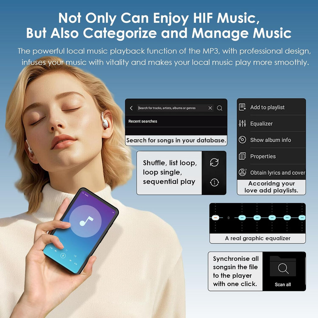 80GB Hi-Fi Smart MP3 Player with Bluetooth 5.0 and WiFi, 4 Inch Full Touch Screen IPS LCD Music Player, Built-in Speaker, Black