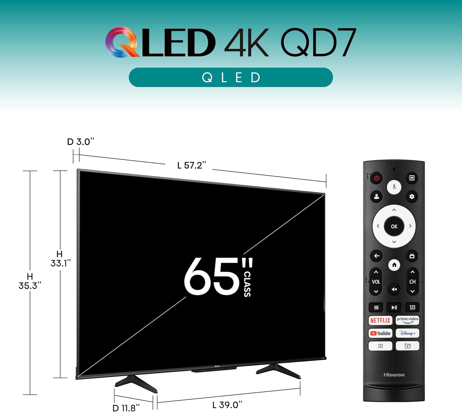 Hisense 65-Inch Class QD7 Series QLED 4K UHD Google Smart TV (65QD7N) - QLED, Native 144Hz, Motion Rate 240, Direct Full Array, Game Mode Pro, Alexa Compatibility