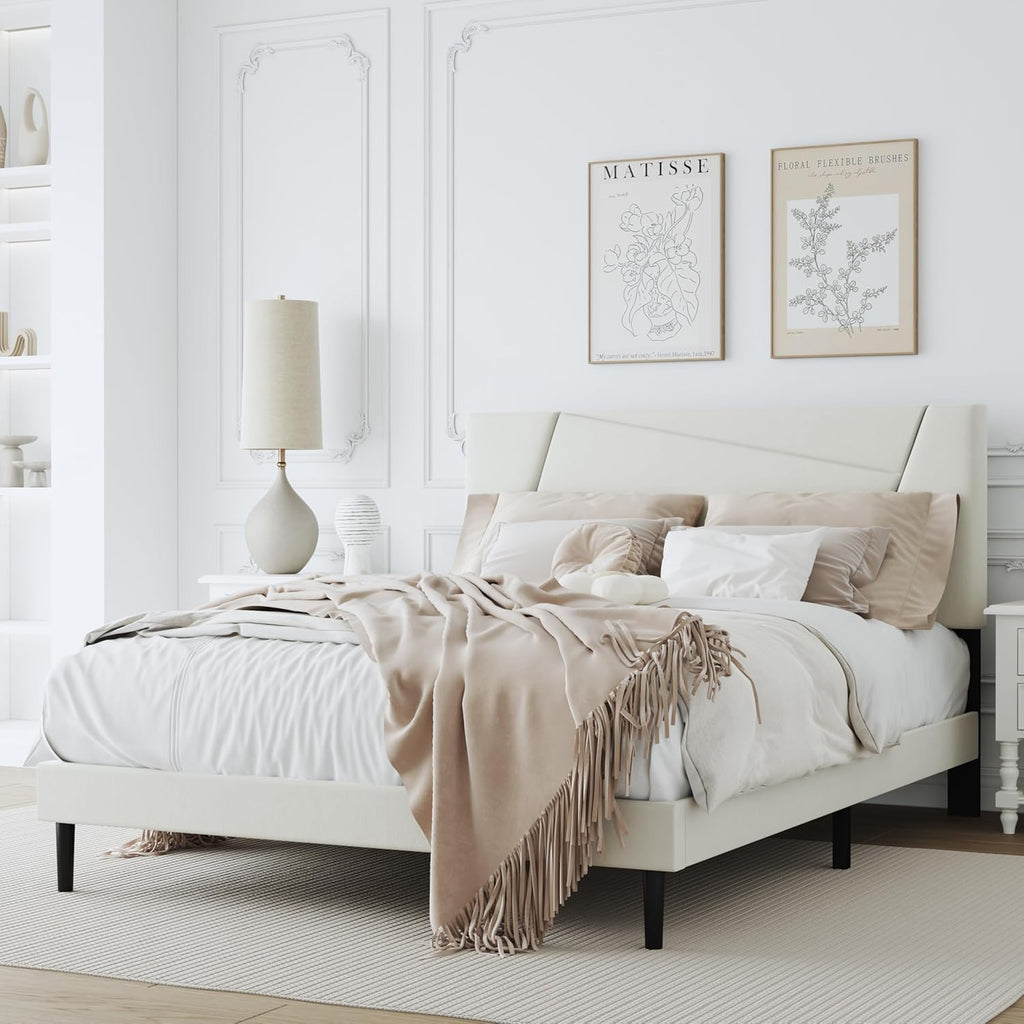 Full Size Bed Frame, Full Size Platform Bed Frame with Headboard, Upholstered Headboard, Sturdy Wooden Slats, Noiseless No Box Spring Required, Easy to Assemble, Beige