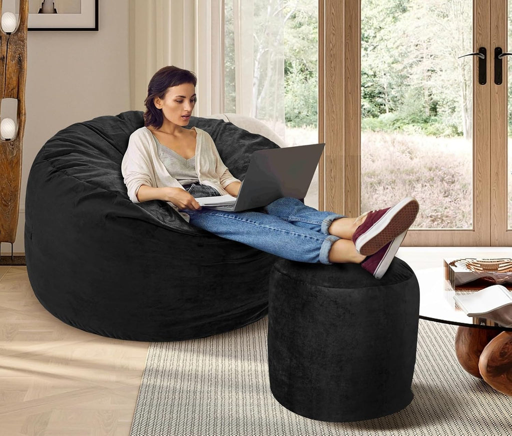 Memory Foam Bean Bag Chair, Oversized Sofa for Adults, Teens & Kids, Removable Velvet Cover, Ultra Comfortable for Gaming, Bedroom, Living Room, or Dorm(Black, 4ft w/Footstool)