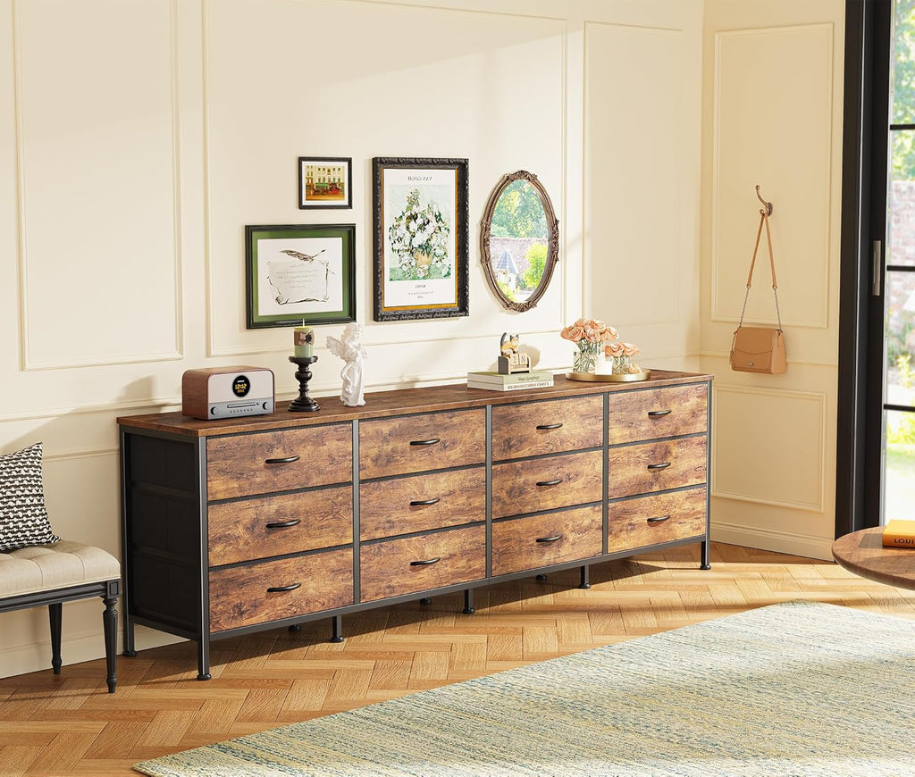 Huuger 70 Inch Dresser for Bedroom, TV Stand for 65, 75, 80 Inch TV, 12 Fabric Drawer Long Dresser, Large Entertainment Center for Bedroom, Wide Chest of Drawer with Storage, Rustic Brown