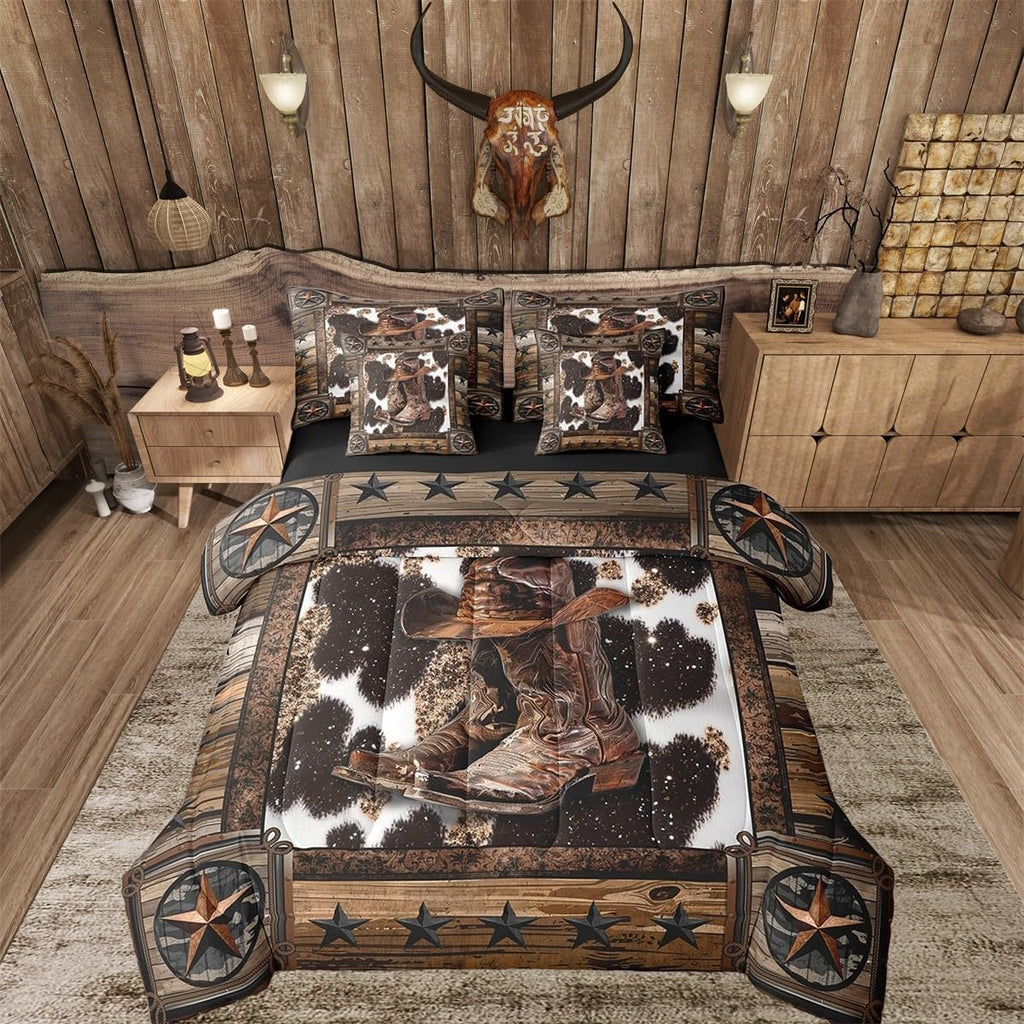 Feelyou Brown Western Aztec 7 Pieces Bedding Set King Size Cowboy Boots Hat Comforter Set with Sheets for Kids Boys Girls Decor West Texas Star Cow Fur Printed Rustic Bed in a Bag Soft Bedroom Decor