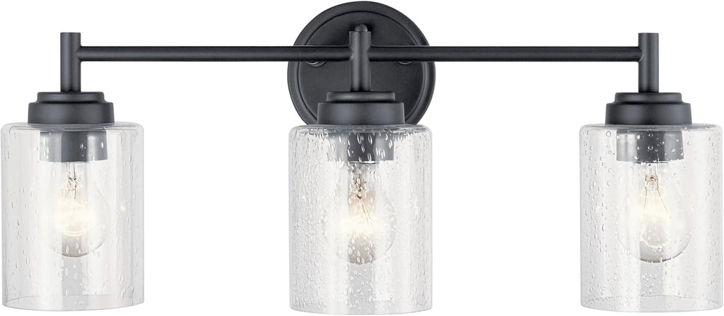 Kichler Winslow 21.5" 3-Light Bathroom Vanity Light Fixture with Clear Seeded Glass in Black, Modern Wall Mount Lighting for Mirror over Vanity in Bathroom, 45886BK