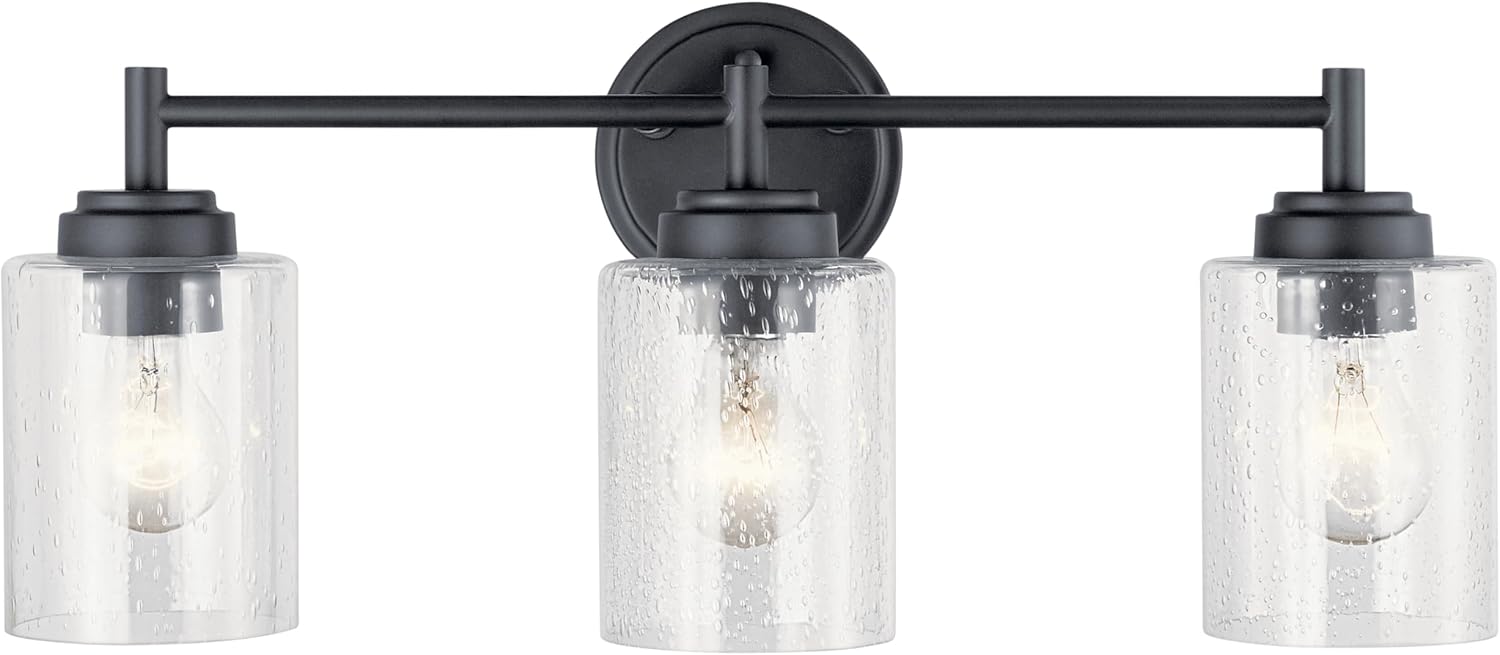 Kichler Winslow 21.5" 3-Light Bathroom Vanity Light Fixture with Clear Seeded Glass in Black, Modern Wall Mount Lighting for Mirror over Vanity in Bathroom, 45886BK