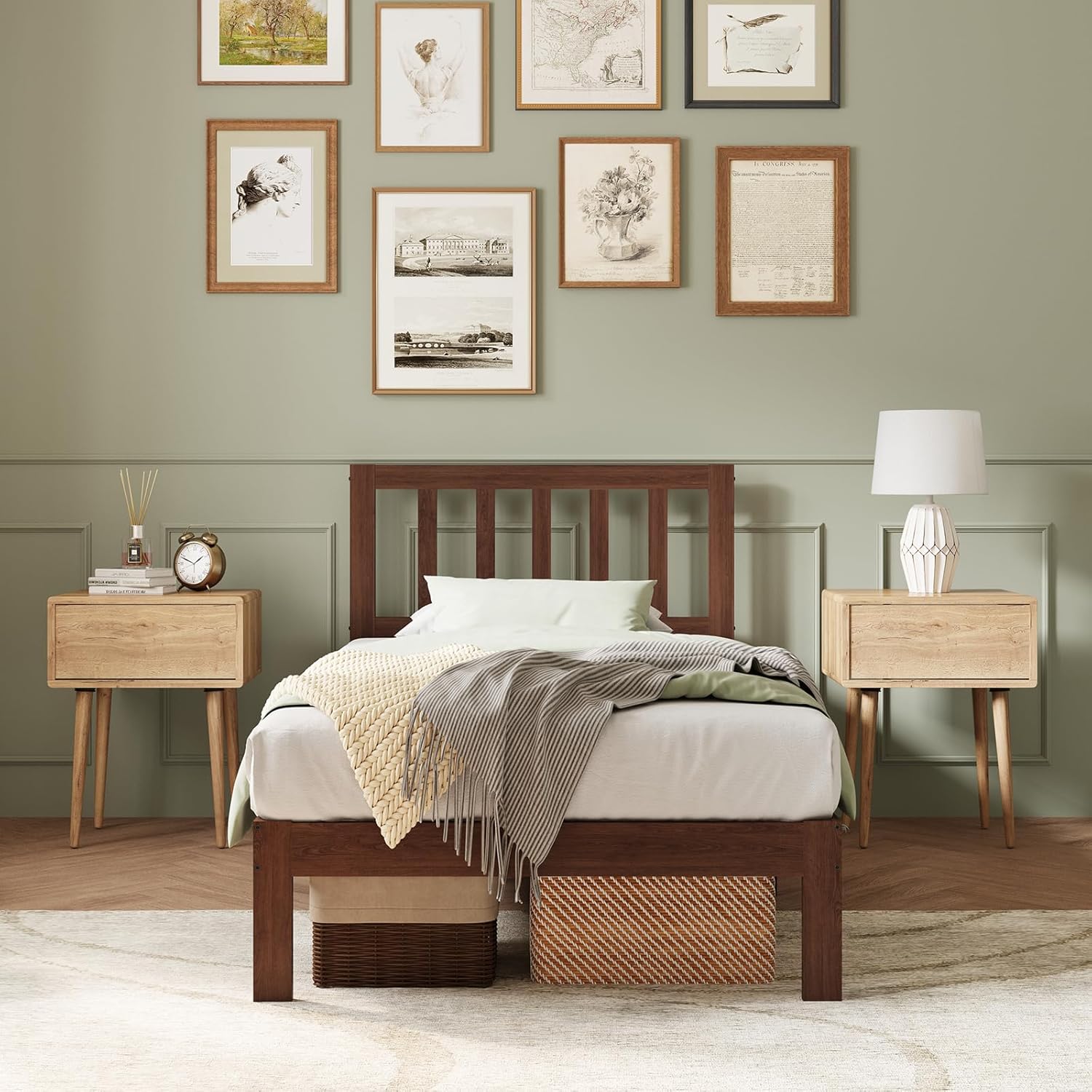 Novilla 12 Inch Twin Bed Frames Wood Twin Size Bed Frame with Classic Headboard Solid Wooden Twin BedFrame No Box Spring Needed, Easy Assembly,Walnut