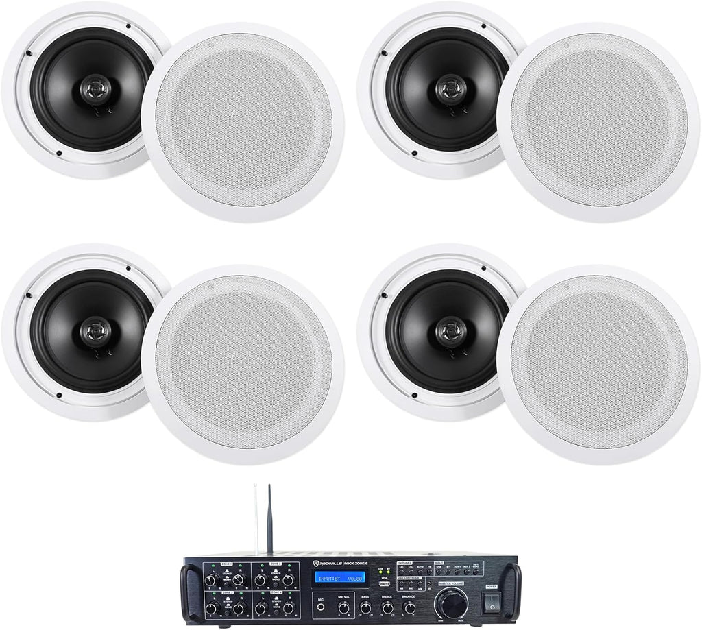 Rockville Bundle Rock Zone 8 8-Channel 1000W RMS Multi Room Receiver/Amplifier Bundle with (8) HC55 White 5.25" 300 Watt in-Ceiling Home Theater Speakers 8 Ohm (9 Items)